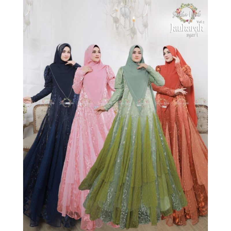 Jauhara Gamis Pesta Atau Dress Kondangan Set Khimar Syar'i Bahan Brukat Import by Soekha Hijab