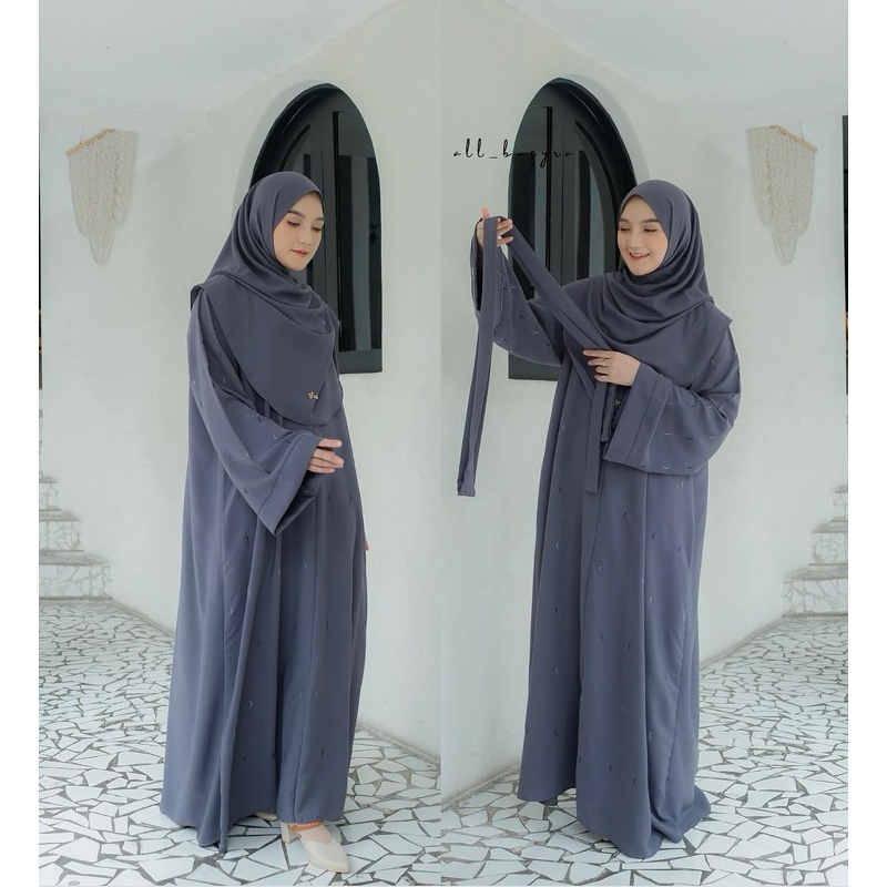 MOON Abaya set Pasmina by All Busyra SizeSs Dark Denim Gamis Umroh Mekkah Madinah Arab Bordir Premiu