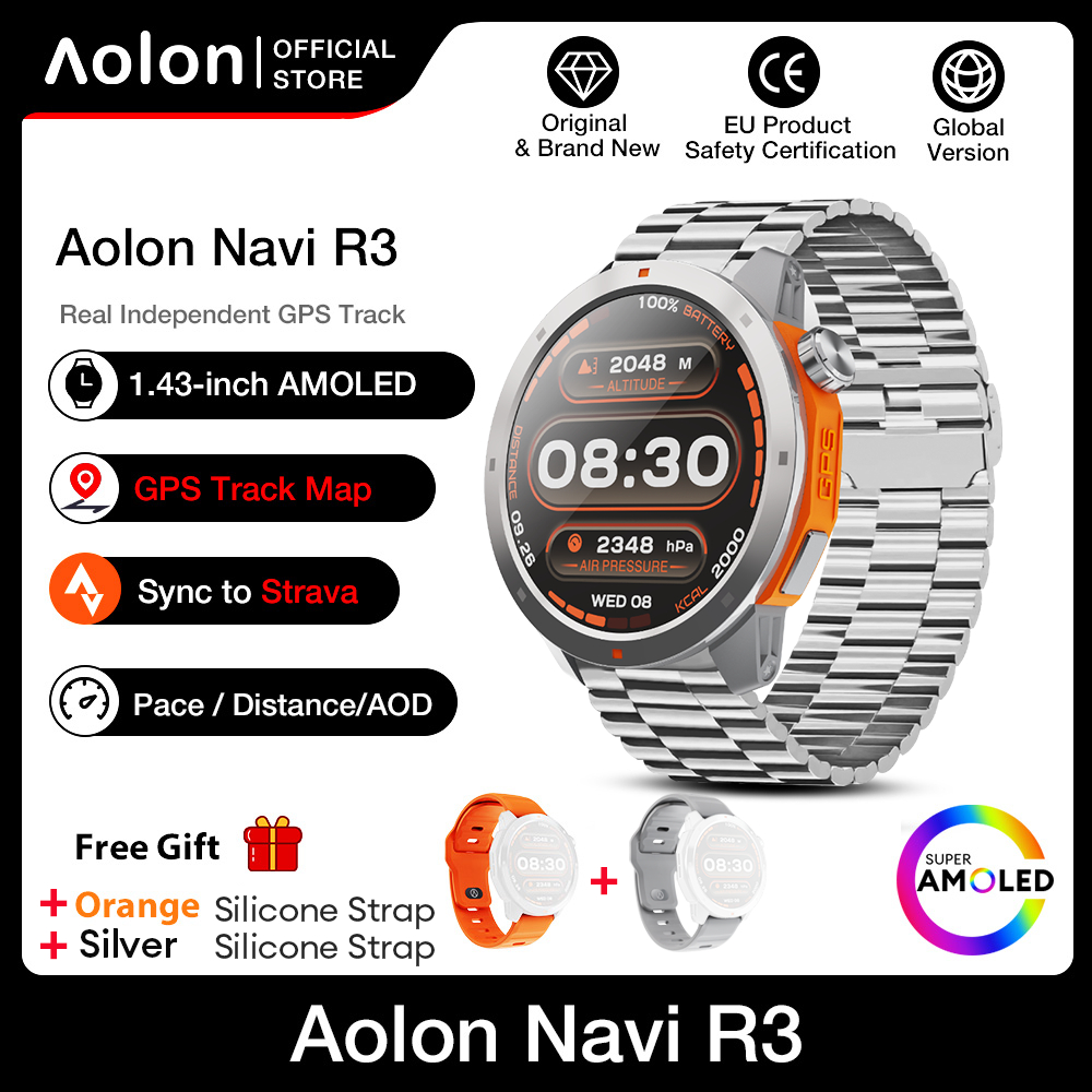 Aolon Navi R3 Jam Tangan Pria GPS Map Running Pace AOD Display Amoled Screen Smartwatch Stainless Steel 3ATM Waterproof Altitude-Silver Steel