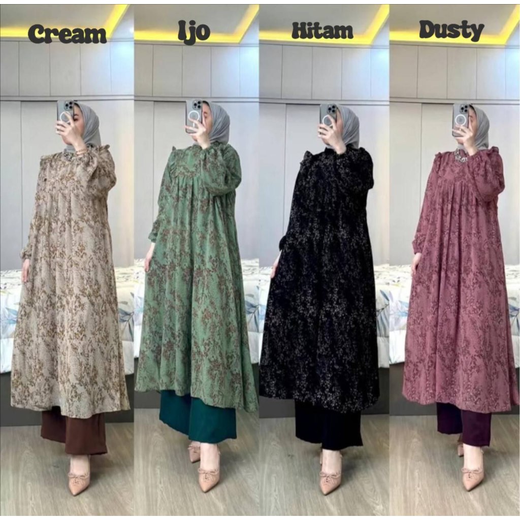 setelan long tunik wanita arumi setelan tunik ceruty babydoll bunga oneset tunik bunga oneset tunik 