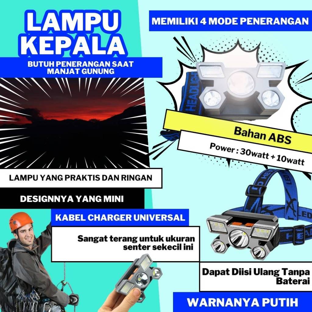 Lampu Senter Sentar Sinter Led Kepala Headlamp Head lamp Hadlamp Light Super Terang Besar Jumbo Keci