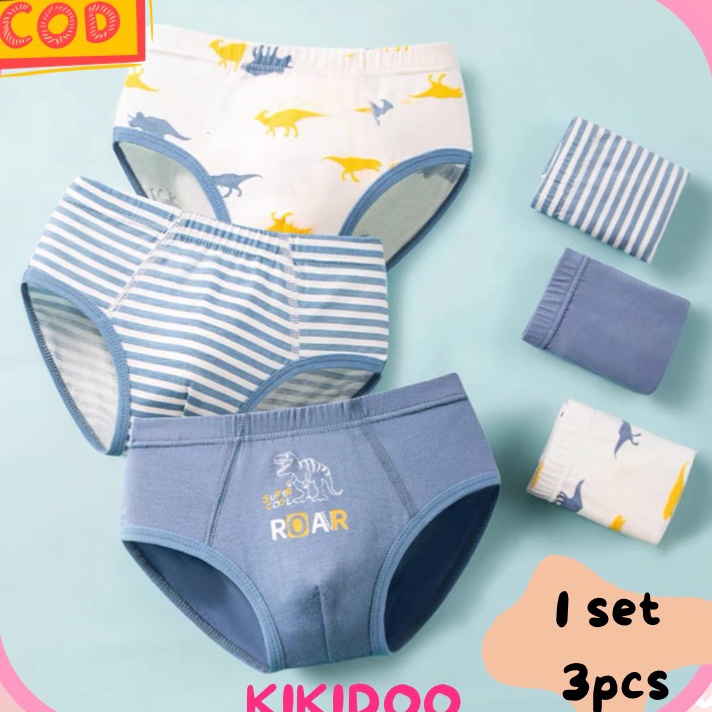 Terlaku Kikidoo 3 PCS Celana dalam brief anak katun sempak pria COLL DINO BAL49