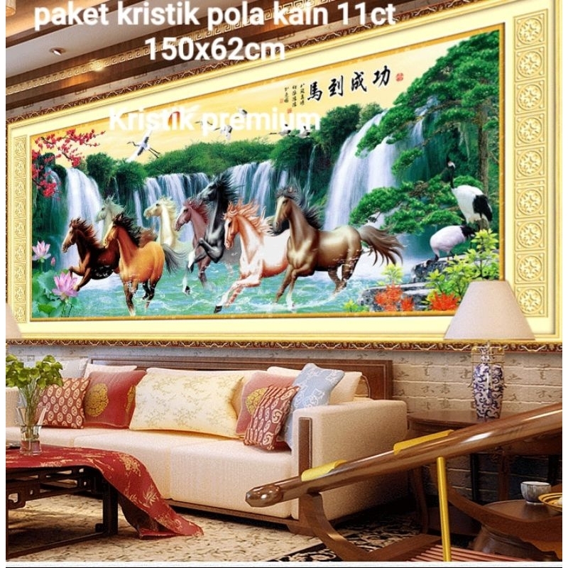 DIY Paket kristik kuda air terjun jumbo full cross stitch pola kain sulam silang craft sulaman hobi 