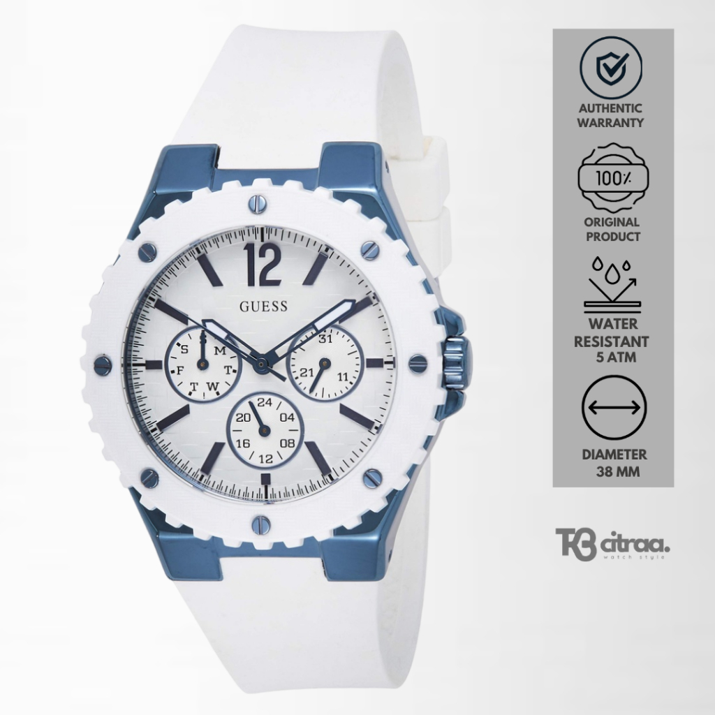 jam tangan fashion wanita guess analog strap rubber sillicone white chronograph multifunction day da