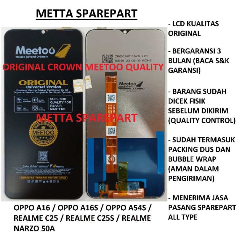 Original Crown Meetoo Quality LCD Touchscreen Oppo A16 / A16S / A54S / Realme C25 / C25S / Narzo 50A