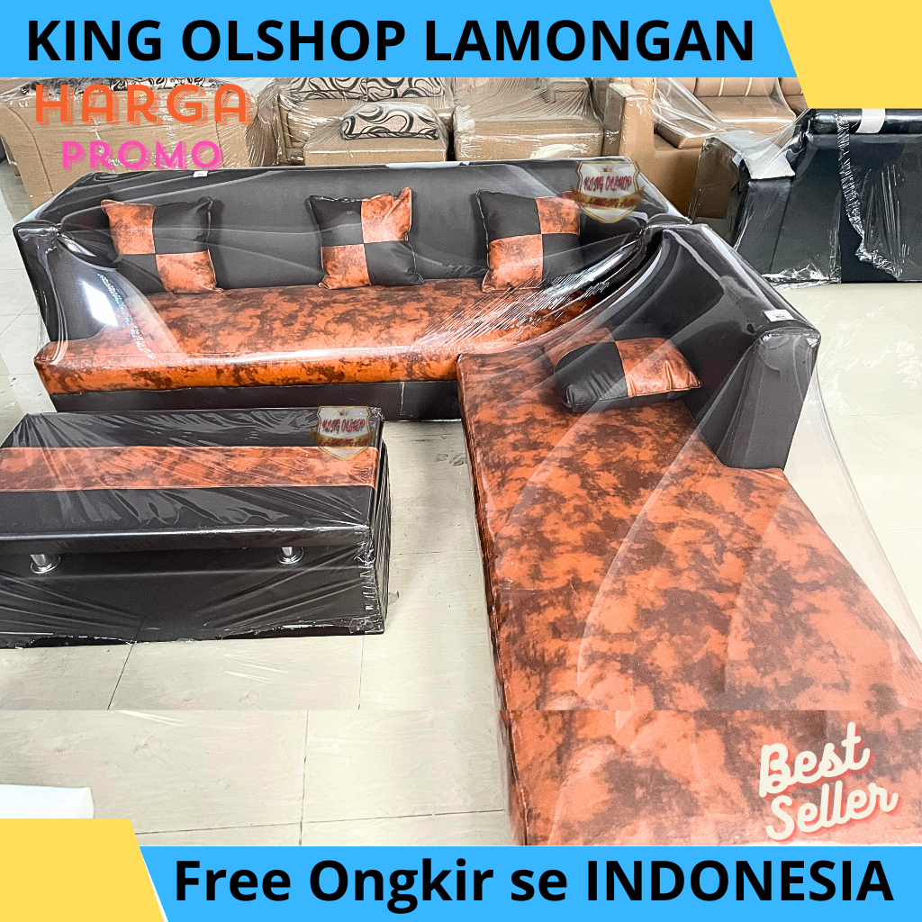 Satu Set Sofa Sudut Selonjor Hitam Coklat [LAMONGAN]