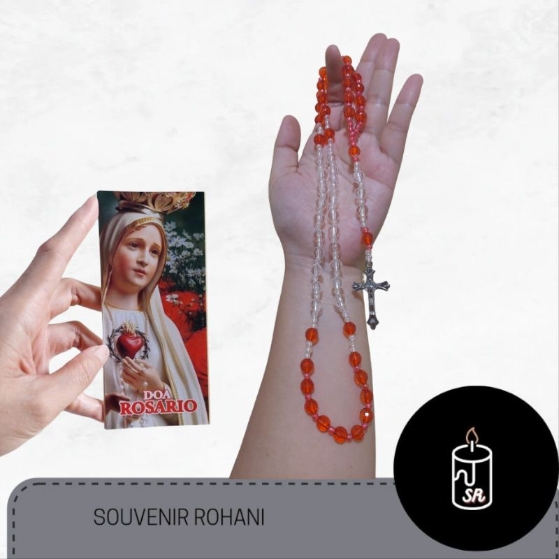 KALUNG ROSARIO AKRILIK MERAH PUTIH TALI NILON. KALUNG SALIB KATOLIK