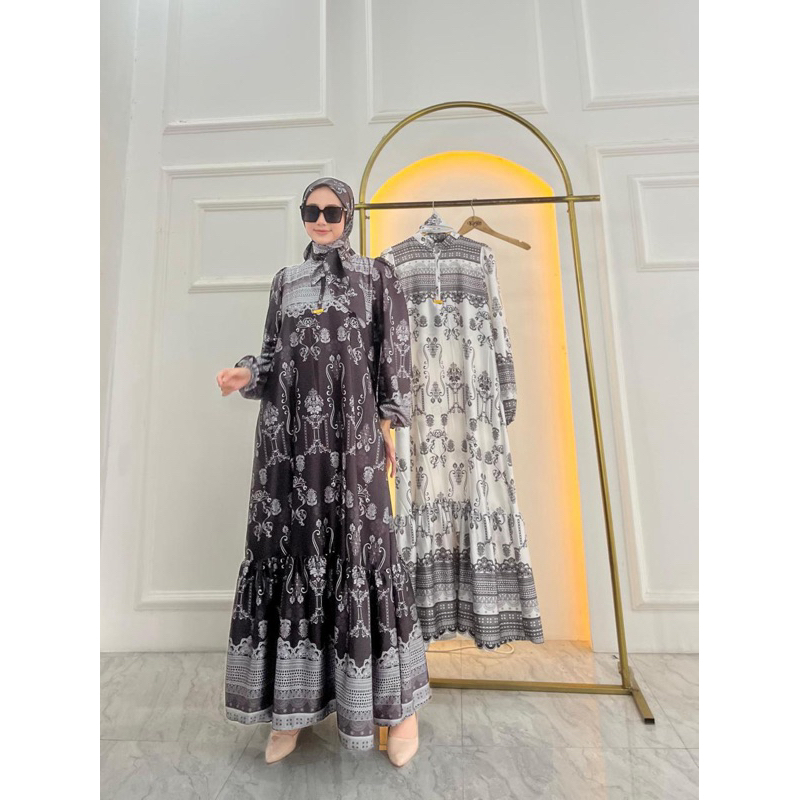 Gamis Armany brown digital motif DADU UMPAK SATU set hijab