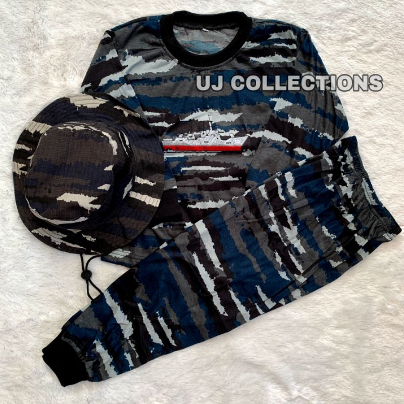Setelan kaos anak panjang plus topi rimba loreng tni angkatan laut - Baju setelan anak satu set dan 
