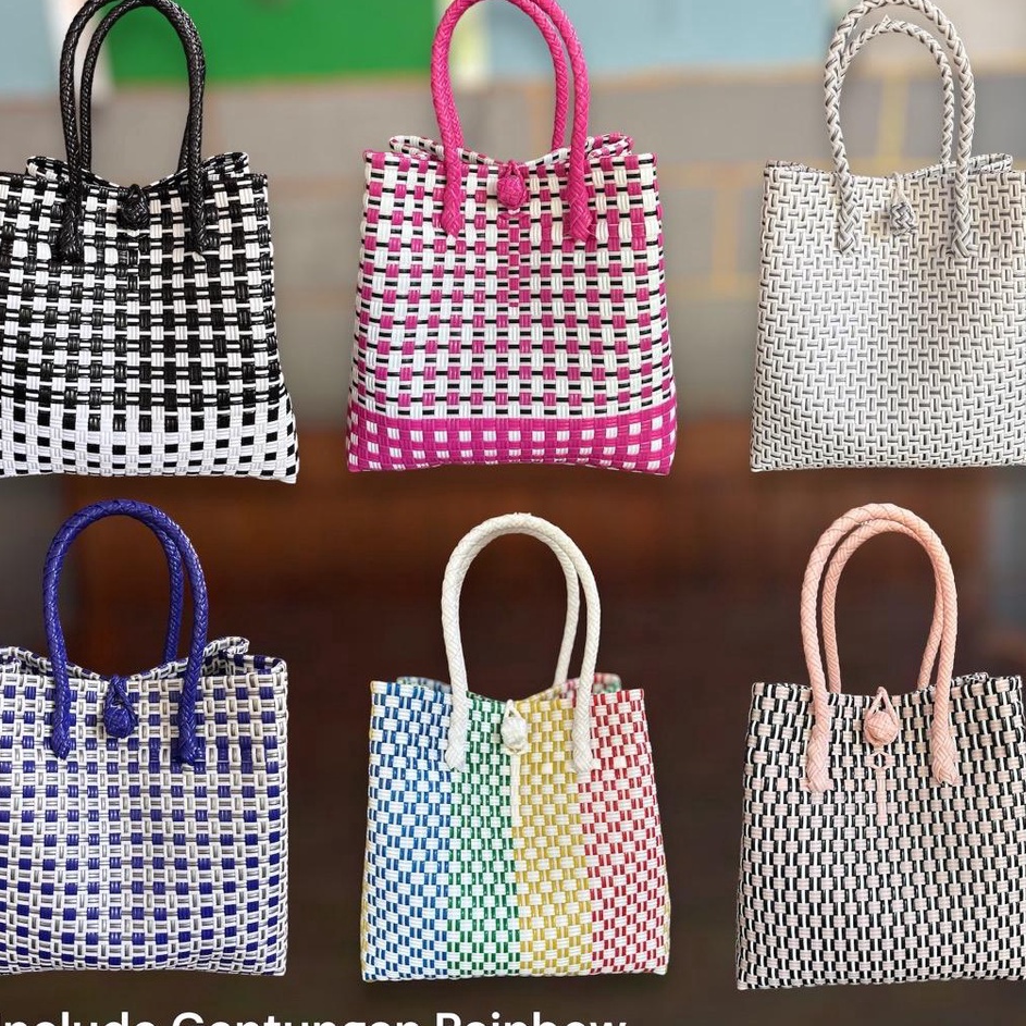 High Quality FREE RAINBOW Tas Jali Wanita Anyaman Plastik Handle Pendek KHANZA Termurah