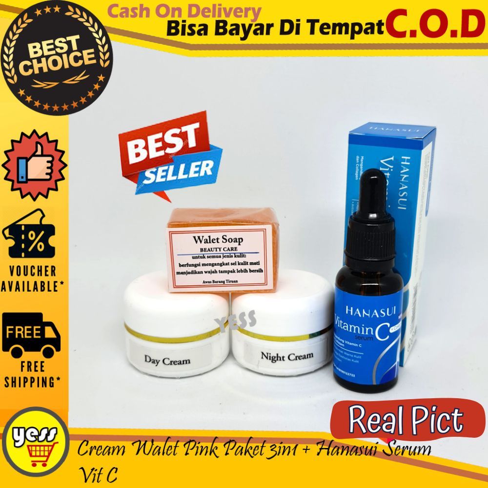 [ GRATIS Masker Naturgo ] Cream Walet Pink Paket 3in1 + Hanasui Serum Vit C Walet Pink Cream Siang M