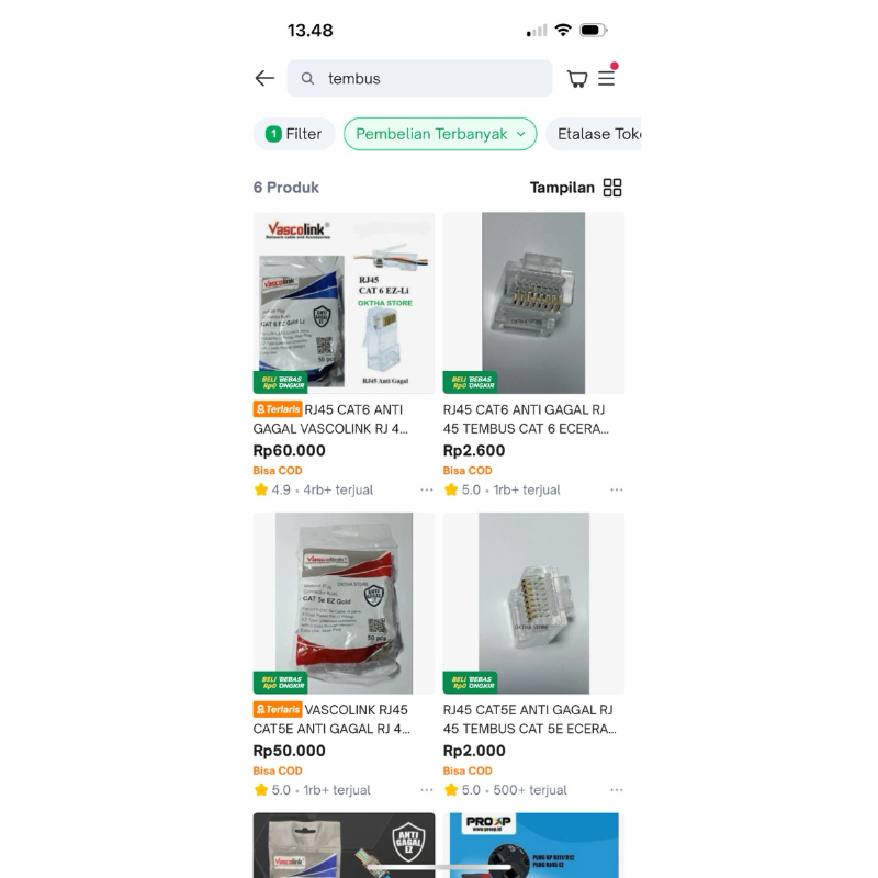RJ45 CAT5E ANTI GAGAL RJ 45 TEMBUS CAT 5E ECERAN PER BIJI VASCOLINK @ 1 BIJI VASCOLINK