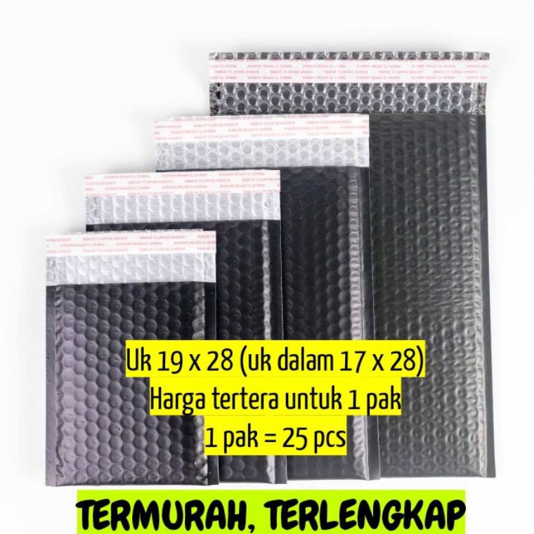 

KODE I97O amplop plastik bubble black doff 19x28 uk dalam 17x28 packing online 1 pak isi 25 pcs