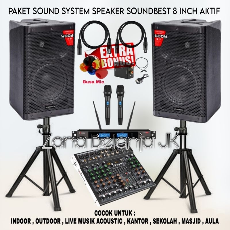 PAKET SOUND SYSTEM INDOOR KARAOKE LIVE MUSIK SPEAKER SOUNDBEST 8 INCH MIXER 6 CHANNEL USB BLUETOOTH 