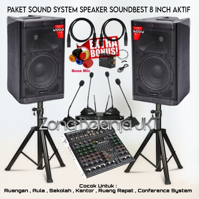 PAKET SOUND SYSTEM RUANG RAPAT MEETING SPEAKER SOUNDBEST 8 INCH MIXER 6 CHANNEL 4 MIC MEJA WIRELESS 