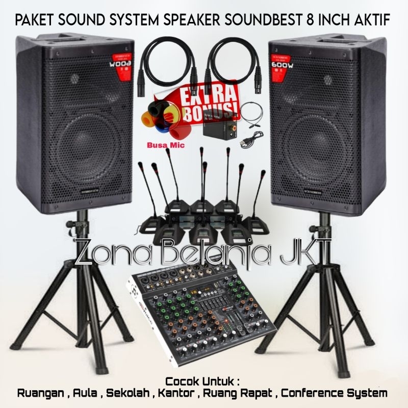 PAKET SOUND SYSTEM RUANG RAPAT MEETING SPEAKER SOUNDBEST 8 INCH MIXER 6 CHANNEL 8 MIC MEJA WIRELESS 