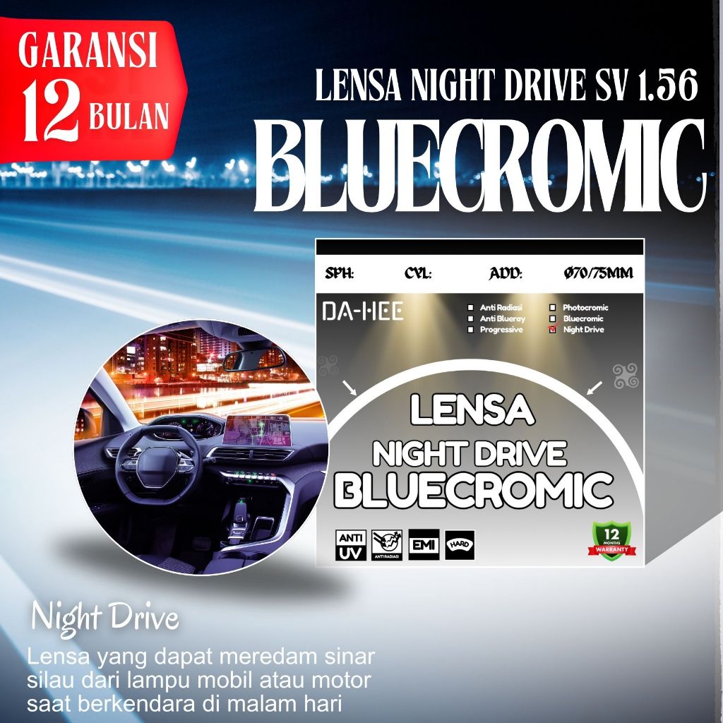 DAHEE - LENSA MINUS BLUECROMIC NIGHT DRIVE (SPH/CYL) HARGA SEPASANG