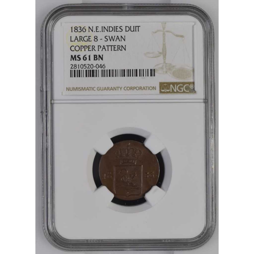 Koin Kuno Netherlands East Indies 1836 Swan Copper Pattern Duit NGC MS61 BN