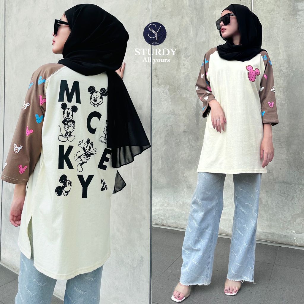 STURDY ORIGINAL| Kaos Oversize wanita lengan 7/8 katun combed 24s premium reglan choco mickey