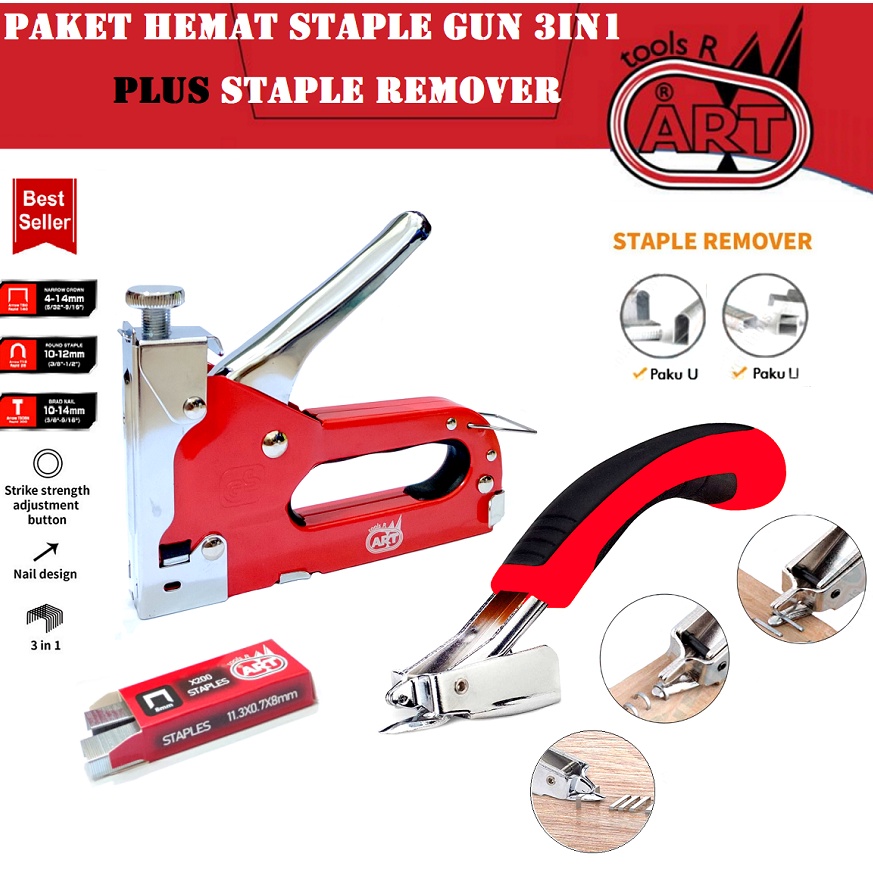 

KODE O47U PAKET HEMAT ART Staple Gun 414mm 3IN1 Staple Gun Trecker 3 in 1 Staples Staple Gun Tembak PLUS ART Stapler Remover Pembuka Pelepas Steples Nail Pulling Tools Alat Pembuka Pencabut Isi Staples