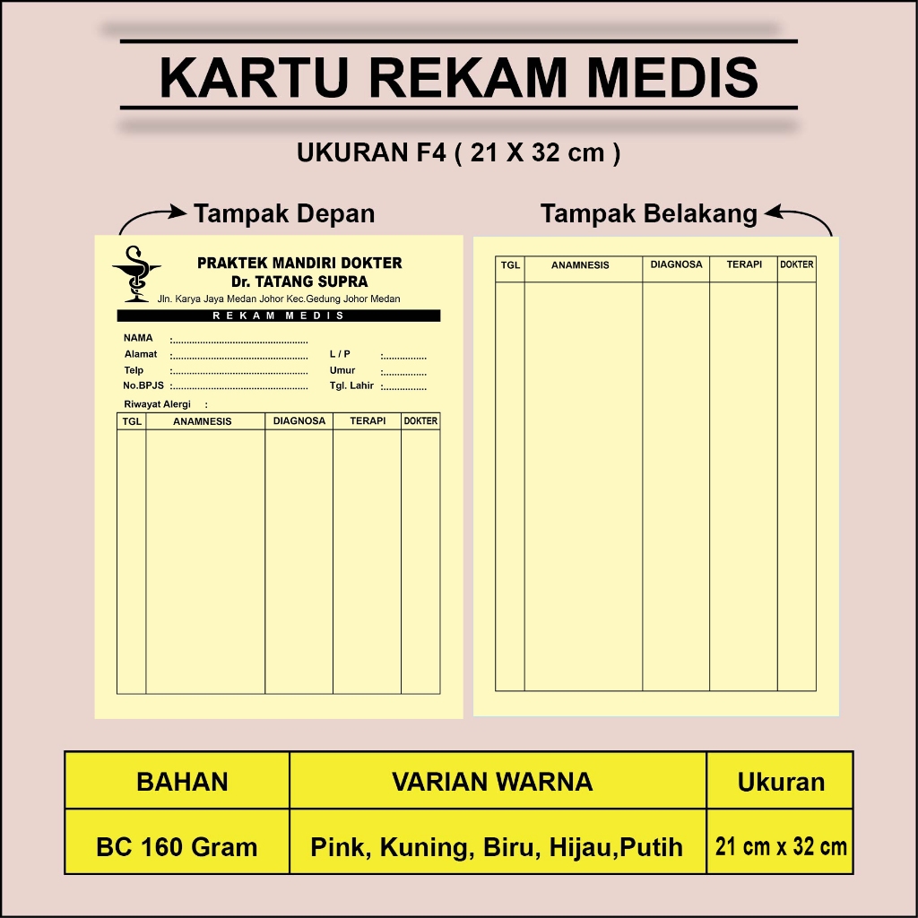 

Kartu Rekam Medis / Medical Record Card / Ukuran F4 FOLIO ( 1PAK isi 100 Lembar)