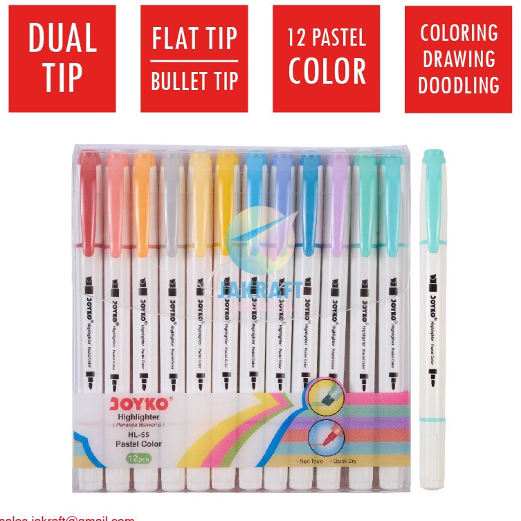 

KODE G14B 12 Pcs Spidol Highlighter Marker Pastel 12 Warna 2 in 1 JOYKO HL55 Dual Tip