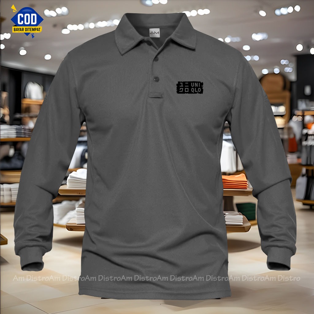 COD  Kaos kerah seragam polos dewasa Uniqlo Text Hitam lengan panjang | kaos pria kerah polo shirt p