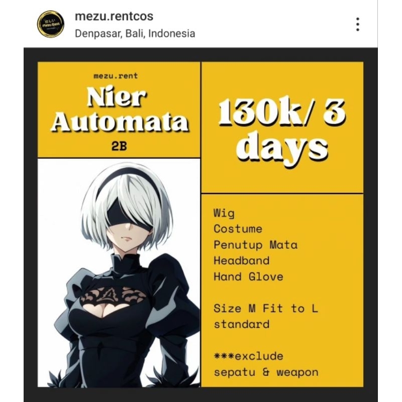 RENTAL Kostum Cosplay Nier Automata 2B