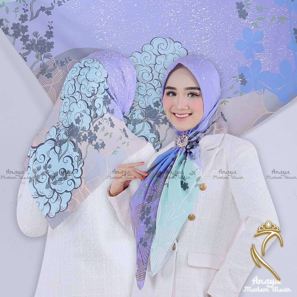 Jilbab Segi Empat Voal 110cmx110cm Print /Sublim - LaserCut Motif Ungu  Bank-15B Anaya-S07