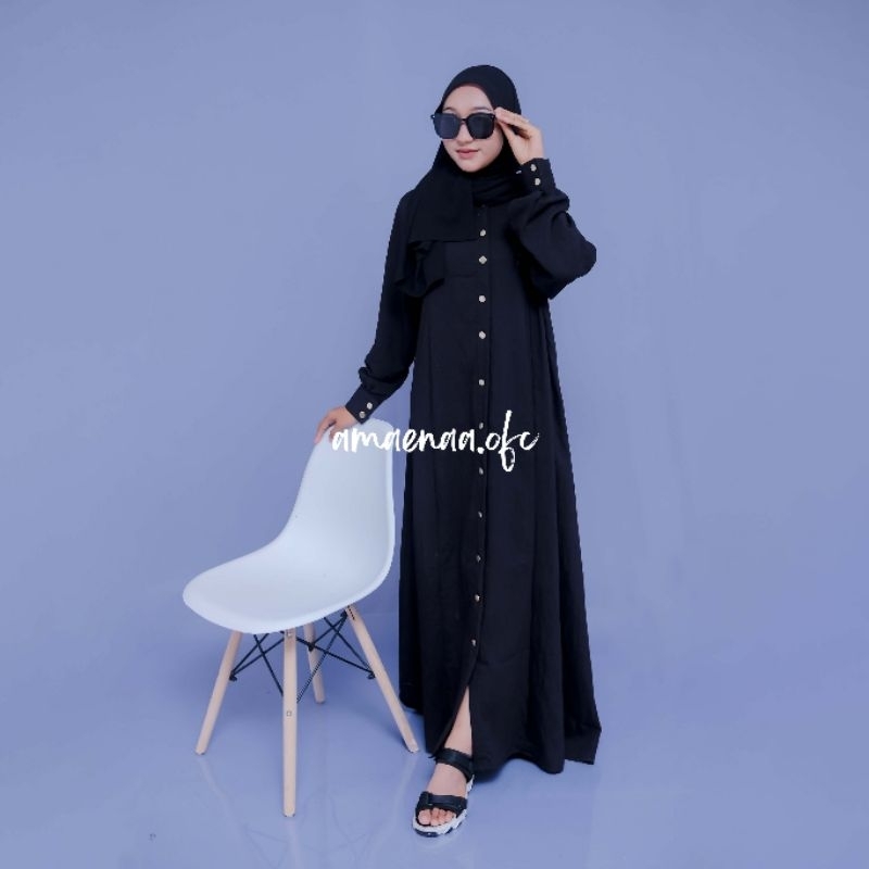 Yemima Hitam Dress | Bahan Polo Linen Premium Basic Abaya Gamis Dress Wanita Casual Full Kancing but