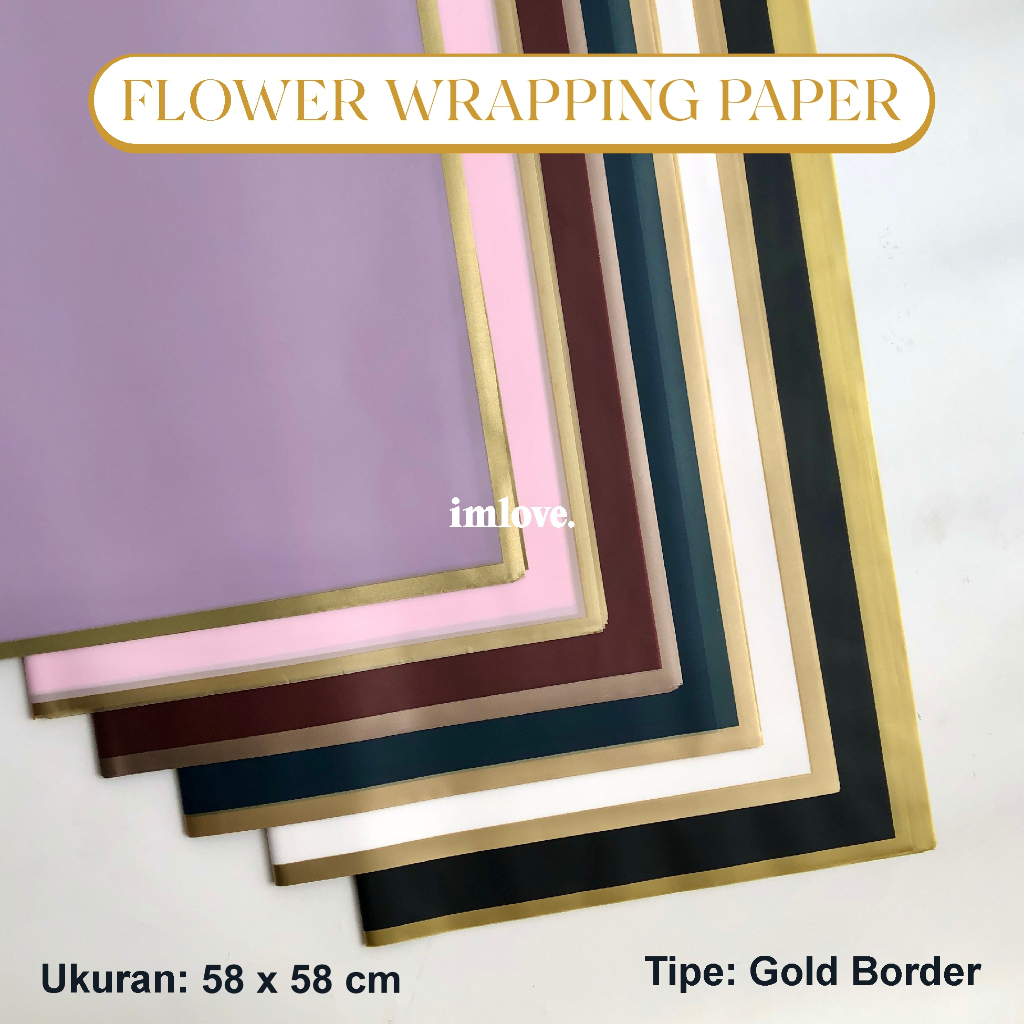 

(5 Lembar) Kertas Buket Bunga List Emas | Flower Wrapping Paper Cellophane Gold Border Gold Frame