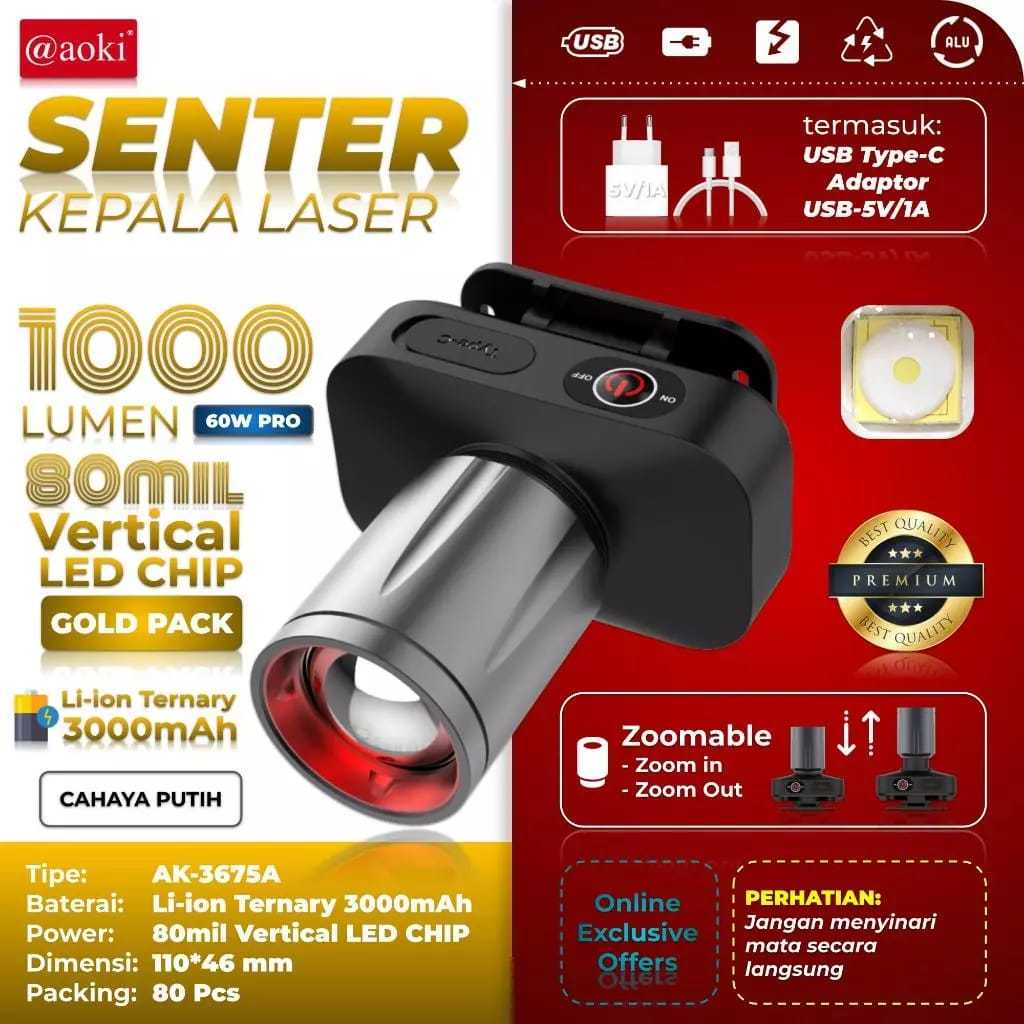 SENTER KEPALA ZOOM AOKI AK-3675A 60W PRO 1000 LUMEN SENTER ZOOM JARAK JAUH TERLARIS