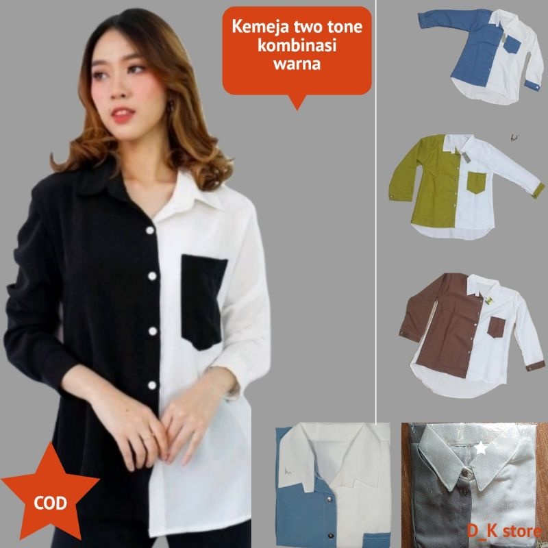 Kemeja Wanita KEMEJA TWO TONE Wanita Atasan Blouse Kemeja Kombinasi Wanita Kemeja Warna Warni Kemeja