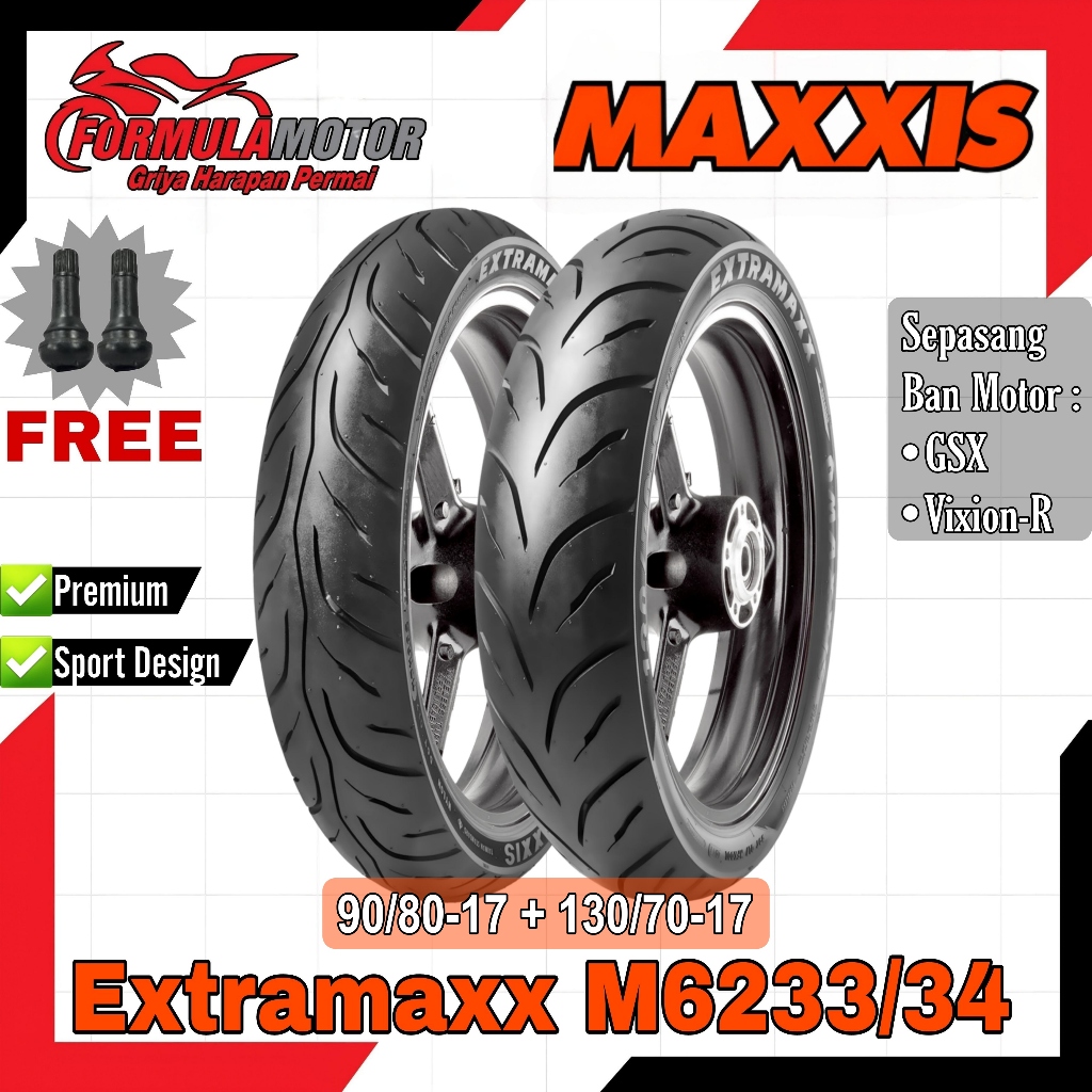 90/80-17 + 130/70-17 Maxxis Extramaxx Ring 17 Tubeless - Sepasang Ban GSX, Vixion-R Tubles