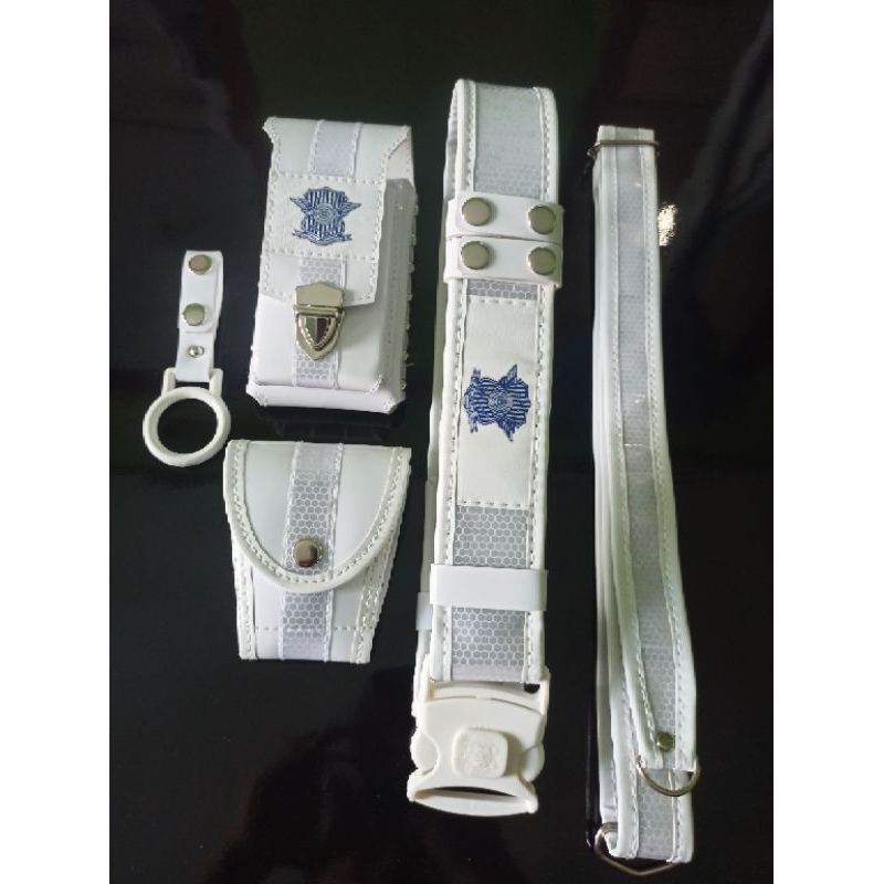 Kopel setelan PDH Lantas Polri putih reflektor cahaya motif sarang tawon terbaru lis kulit sintetis 