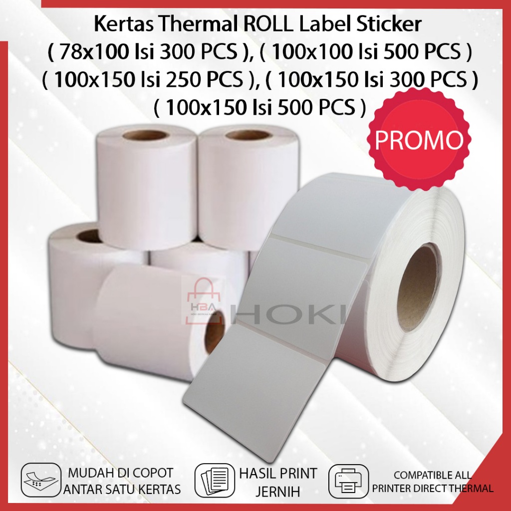 

InJO Kertas Thermal ROLL Uk 78x100 100x100 100x150 Isi 500 PCS Cetak Sticker Printer Resi Paket