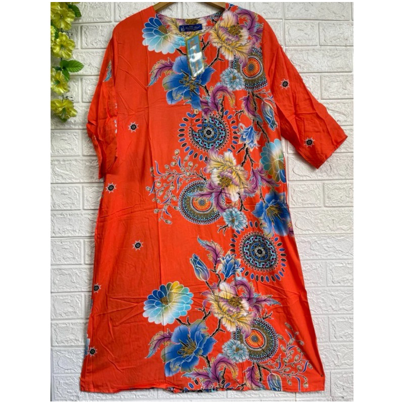 COD| Daster Lengan 3/4 Motif Terbaru Kencana Ungu Asli Label Biru Jumbo Ld.118 cm - Piyama Baju Sant