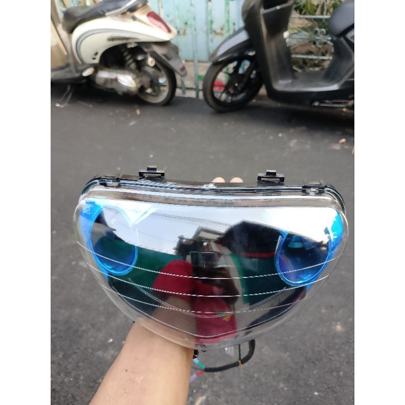 Reflektor Lampu Depan Plus Mika Kaca Lampu Depan Mio Model MX Custom Hitam Biru