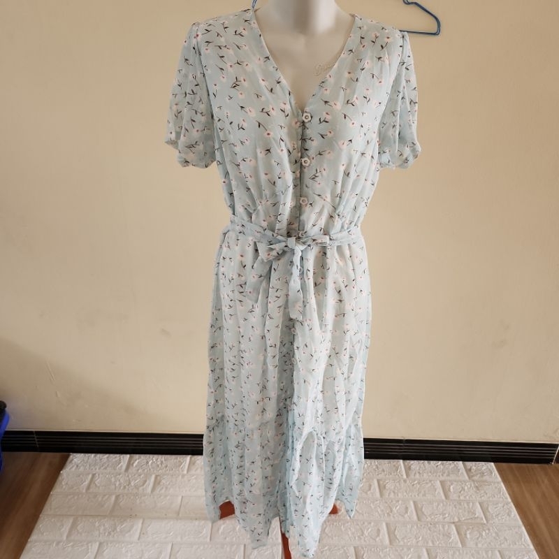 Long dress wanita import Bangkok Giant basic bahan katun sifon berfuring premium-Soft blue flower