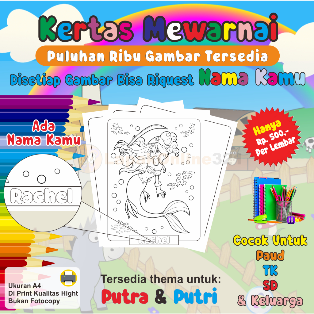 Petualangan Warna: Kertas Mewarnai Seru untuk Anak-Anak Series Putri Duyung Mermaid  Dan Ada Nama Ka