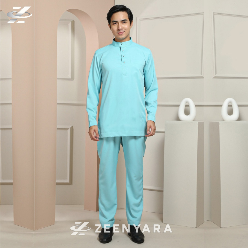 Ashraan Setelan Baju Melayu Pria Modern Katun Toyobo Hijau Mint Pakaian Koko Muslim Cekak Musang Ada
