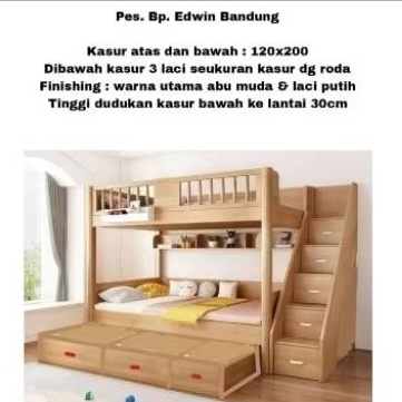 Tempat tidur tingkat anak kayu jati 3 susun