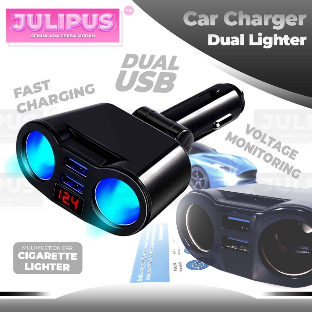 Car Charger Dual Lighter 3.1A Fast Charging Monitor Voltage 2 Cigarette Lighter Socket