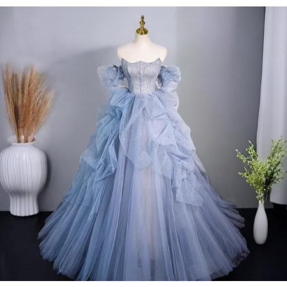 Fairy Blue Puff Sleeves Beading Evening Dress New
