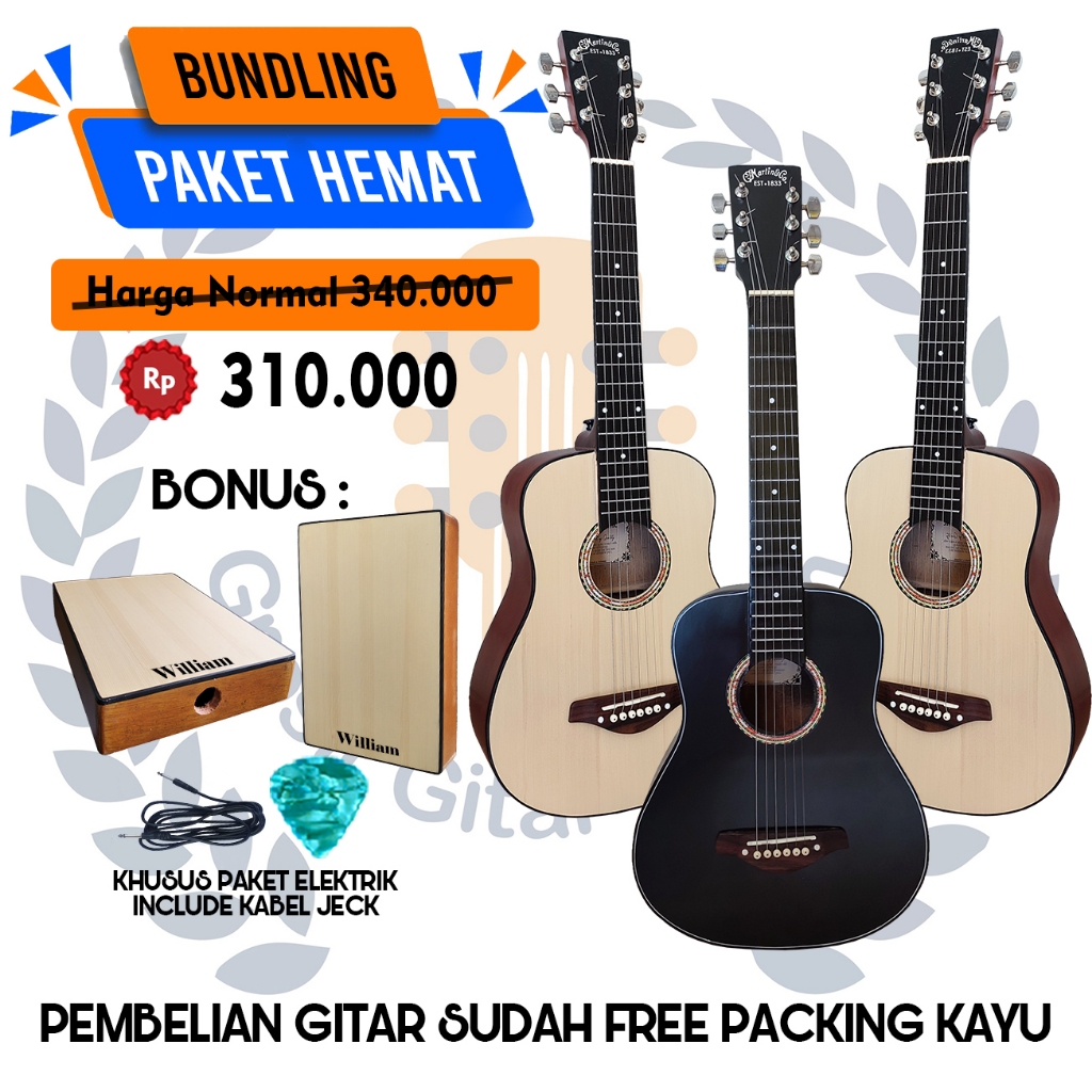 Paket Bundling Hemat Gitar 3/4 Martin&Co Bonus Cajon Travel Murah
