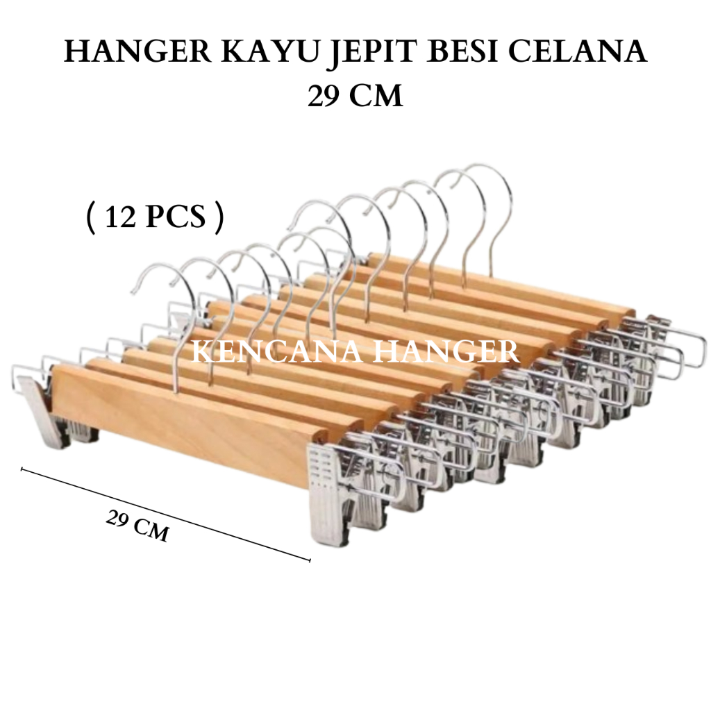 Hanger Kayu Jepit Besi 262 Dewasa Natural / Gantungan Celana Jeans Pakaian( HARGA 12 pcs )