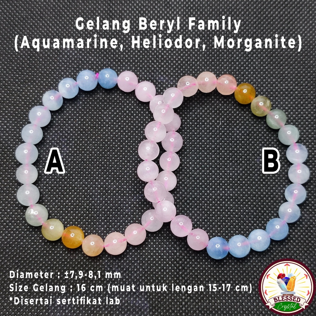 Gelang Beryl Aquamarine Heliodor Morganite 8mm Natural + Sertifikat
