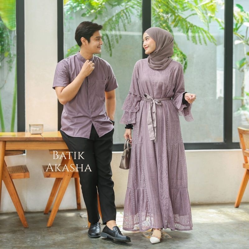 Couple Sarimbit Keluarga Hem Gamis Busui Brokat Warna Taro Gamis All Size