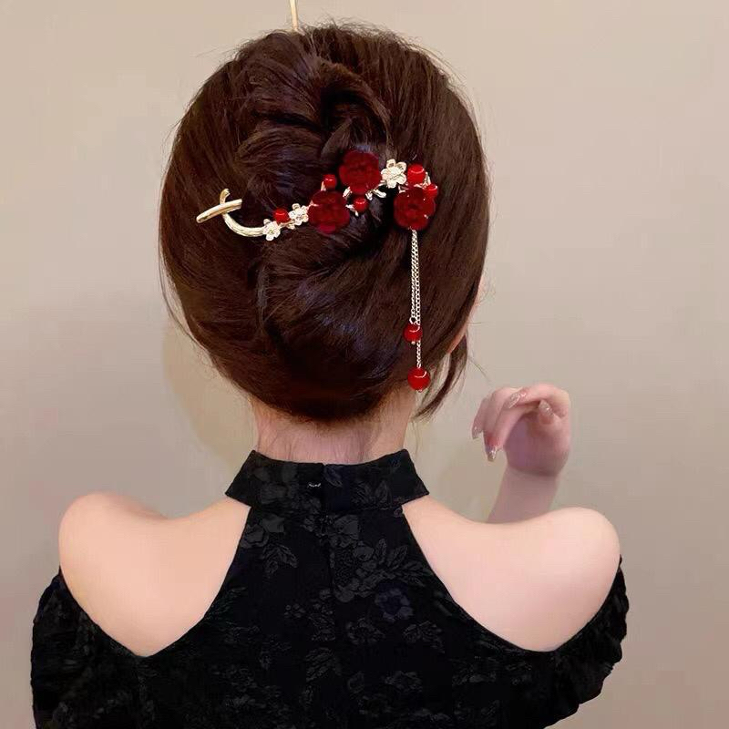 Jepit Sanggul Rambut Pesta Gelombang Rumbai Bunga Merah - Sanggul Modern Aksesoris Rambut