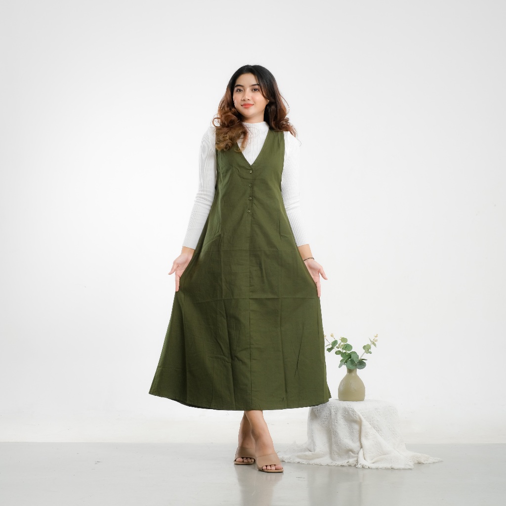 Haura Overall Long Dress Polos Berbahan Linen Kancing Depan Tanpa Lengan Korean Style